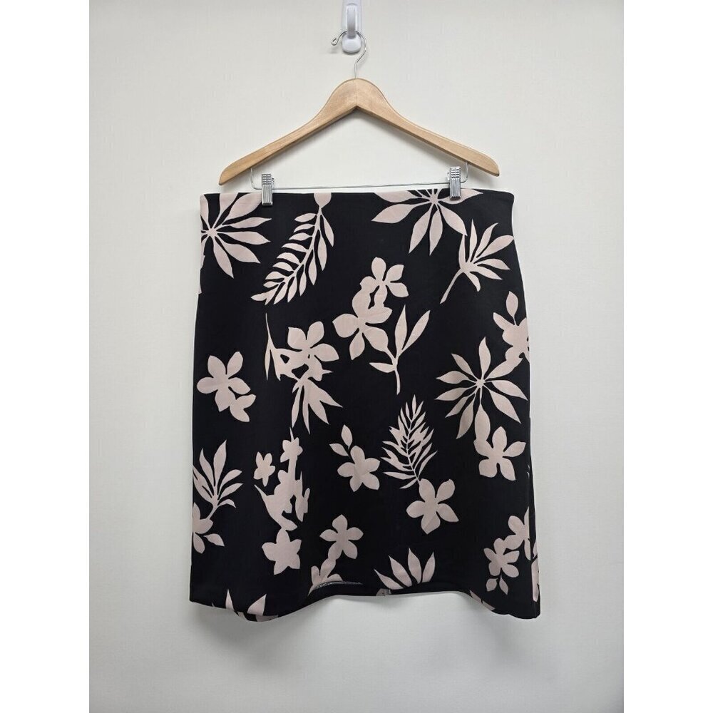 EVRI Black Tan Floral Midi Skirt Women's Plus Size 1X Comfort Waistband Stretch